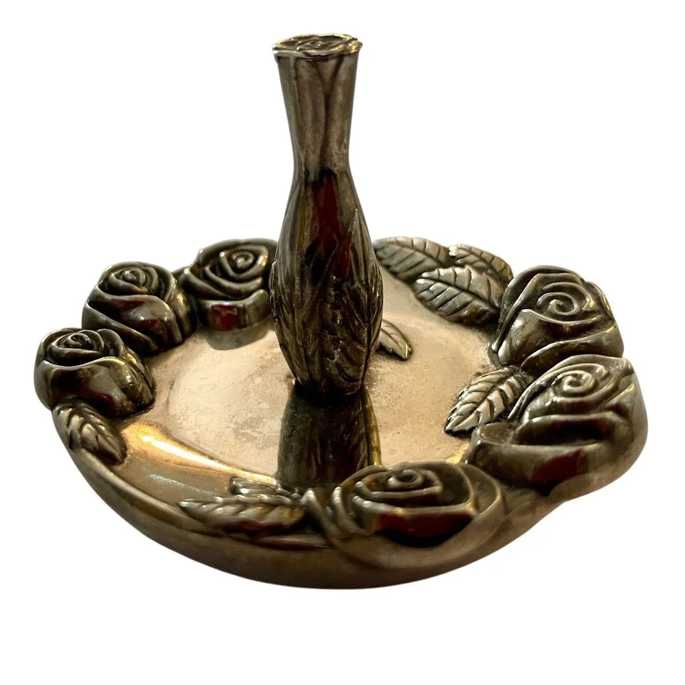 Vtg Heavy Silver Plated Rose Ring Holder Jewelry Tree Vanity Decor Floral 12oz